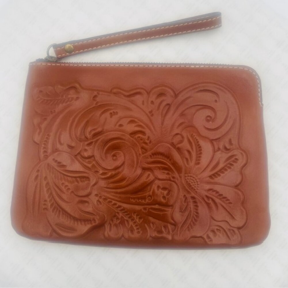 Patricia Nash Tooled Leather Cassini Wristlet Cognac Brown